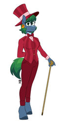 Size: 1386x2601 | Tagged: safe, artist:redxbacon, oc, oc only, oc:artice, anthro, unguligrade anthro, bowtie, button-up shirt, cane, clothes, cuffs (clothes), dress shirt, ear piercing, earring, fancy, female, glasses, hat, jewelry, mage, pants, piercing, round glasses, shirt, simple background, skull, solo, suit, top hat, unshorn fetlocks, white background