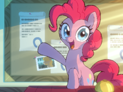 Size: 800x600 | Tagged: safe, artist:rangelost, pinkie pie, earth pony, pony, cyoa:d20 pony, g4, bulletin board, cute, cyoa, diapinkes, first person view, looking at you, offscreen character, pixel art, pov, solo, story included