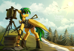 Size: 4000x2744 | Tagged: safe, artist:chamommile, oc, oc only, oc:bronycars, original species, pegasus, pony, ammunition, antenna, armor, blue eyes, clothes, commission, ear fluff, full body, glasses, green mane, gun, looking back, looking up, male, military uniform, mountain, pegasus oc, rifle, smiling, solo, uniform, weapon, wings, yellow eyes