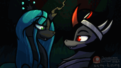 Size: 1280x720 | Tagged: safe, artist:darbedarmoc, king sombra, queen chrysalis, changeling, changeling queen, pony, unicorn, g4, animated, crown, female, foe yay, forest, french kiss, gif, jewelry, kinktober, kinktober 2023, kissing, looking at each other, looking at someone, male, patreon, patreon logo, regalia, ship:chrysombra, shipping, stallion, straight