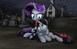 Size: 880x558 | Tagged: safe, artist:solixy406, rarity, pony, unicorn, elements of insanity, g4, creepybelle, duo, duo female, female, graveyard, hat, mare, rarifruit, siblings, sisters, team fortress 2
