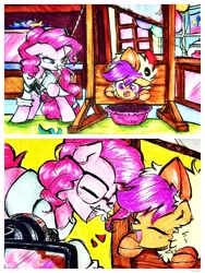 Size: 3935x5246 | Tagged: safe, artist:liaaqila, pinkie pie, scootaloo, earth pony, pegasus, pony, g4, 2 panel comic, absurd resolution, animal costume, camera, cardboard, chicken suit, clothes, colonel sanders, comic, costume, crayon drawing, cute, dark comedy, duo, duo female, emanata, eyes closed, female, filly, foal, glasses, guillotine, halloween, holiday, laughing, mare, open mouth, open smile, playing, pose, scootachicken, smiling, sugarcube corner, traditional art