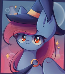 Size: 2300x2600 | Tagged: safe, artist:miryelis, oc, oc only, oc:rainven wep, pegasus, pony, big ears, bubble, clothes, costume, female, gradient background, halloween, halloween costume, hat, high res, looking at you, mare, red eyes, signature, smiling, smiling at you, solo, sparkles, witch hat