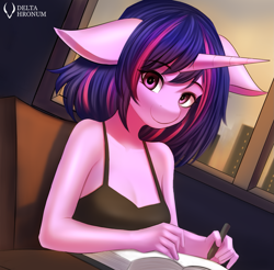 Size: 1543x1519 | Tagged: safe, artist:delta hronum, twilight sparkle, pony, unicorn, anthro, g4, anime, book, city, cute, drawing, looking at you, solo, sunshine