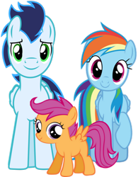 Size: 1700x2185 | Tagged: safe, anonymous artist, rainbow dash, scootaloo, soarin', pegasus, pony, g4, adopted offspring, female, filly, foal, male, mare, parent:rainbow dash, parent:soarin', parents:soarindash, scootalove, ship:soarindash, shipping, simple background, stallion, straight, transparent background