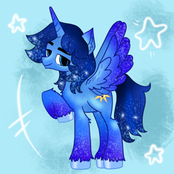 Size: 600x600 | Tagged: artist needed, source needed, safe, oc, oc only, oc:blue thunder, alicorn, pony, alicorn oc, blue eyes, horn, looking at you, male, solo, spread wings, wings