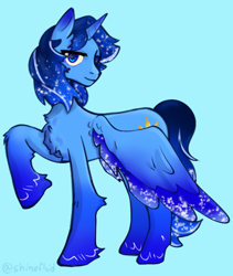 Size: 2107x2500 | Tagged: source needed, safe, artist:shirofluid, oc, oc only, oc:blue thunder, alicorn, pony, alicorn oc, blue background, blue eyes, high res, horn, looking at you, male, raised hoof, simple background, solo, spread wings, wings