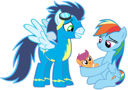 Size: 2300x1620 | Tagged: safe, anonymous artist, rainbow dash, scootaloo, soarin', pegasus, pony, g4, baby, baby pony, baby scootaloo, diaper, female, filly, foal, heartwarming, male, mare, momma dash, offspring, parent:rainbow dash, parent:soarin', parents:soarindash, scootalove, ship:soarindash, shipping, simple background, stallion, straight, transparent background, younger
