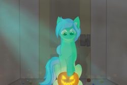 Size: 6000x4000 | Tagged: safe, artist:divori, oc, oc only, oc:mint breeze, pony, candy, female, food, halloween, holiday, jack-o-lantern, mare, pumpkin, smiling, solo
