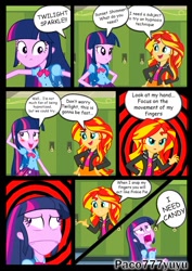 Size: 738x1045 | Tagged: safe, artist:paco777yuyu, edit, sunset shimmer, twilight sparkle, equestria girls, g4, comic, crazy face, cute, duo, duo female, faic, female, hypnosis, hypnotized, insanity, lockers