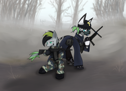 Size: 4225x3039 | Tagged: safe, artist:ashel_aras, oc, oc only, pony, zebra, armor, clothes, duo, female, fog, military uniform, raincoat, uniform, weapon, zebra oc