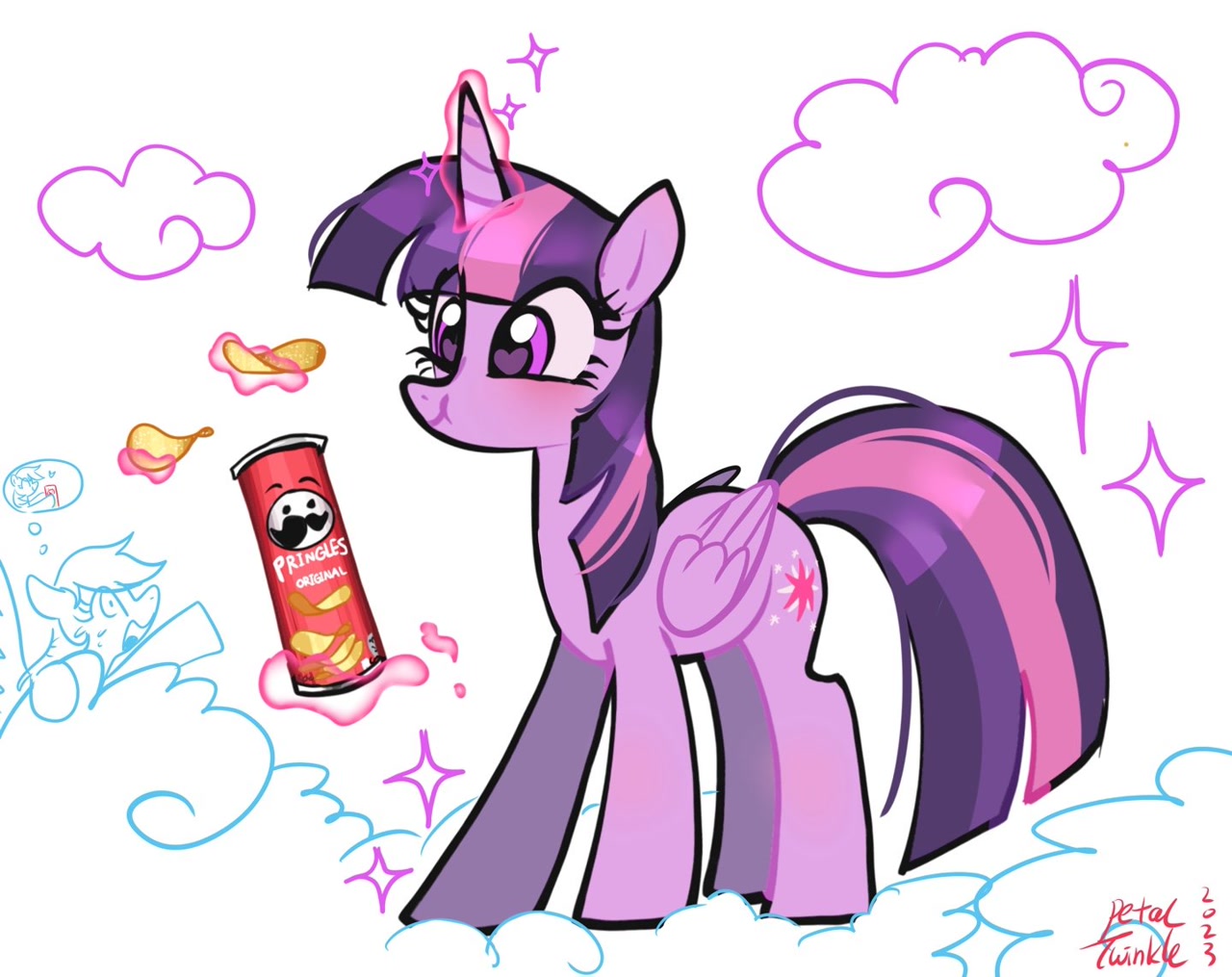 [alicorn,chips,cloud,cute,eating,food,glowing,glowing horn,happy,heart,heart eyes,horn,levitation,magic,pegasus,pony,pringles,rainbow dash,safe,sparkles,telekinesis,twilight sparkle,wingding eyes,solo focus,on a cloud,potato chips,twiabetes,weapons-grade cute,eye clipping through hair,smiling,twilight sparkle (alicorn),standing on a cloud,artist:petaltwinkle]