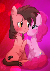 Size: 1754x2480 | Tagged: safe, artist:ace play, pinkie pie, oc, oc:ace play, earth pony, pony, g4, blushing, canon x oc, cheek fluff, chest fluff, duo, facial hair, female, fluffy, goatee, holding hooves, looking at each other, looking at someone, male, mare, pinkieplay, shipping, sitting, smiling, stallion, straight
