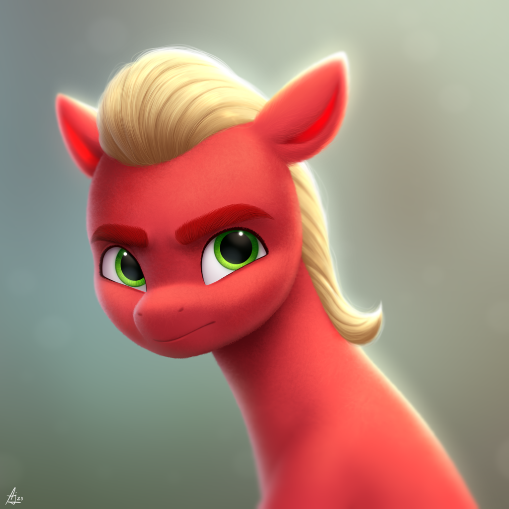 [bust,earth pony,frown,g5,green eyes,male,pony,portrait,safe,semi-realistic,solo,stallion,artist:luminousdazzle,sprout cloverleaf]