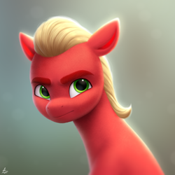 Size: 2000x2000 | Tagged: safe, artist:luminousdazzle, sprout cloverleaf, earth pony, pony, g5, bust, frown, green eyes, high res, male, portrait, semi-realistic, solo, stallion