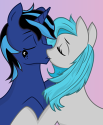 Size: 1440x1744 | Tagged: safe, artist:elisdoominika, artist:the luna fan, derpibooru exclusive, oc, oc only, oc:sweet elis, oc:the luna fan, earth pony, pony, unicorn, .svg available, duo, earth pony oc, eyes closed, horn, hug, kissing, simple background, svg, unicorn oc, vector