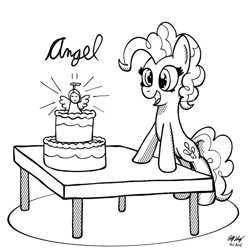 Size: 750x750 | Tagged: safe, artist:ebbysharp, pinkie pie, angel, earth pony, pony, g4, bipedal, cake, female, food, inktober, inktober 2023, mare, monochrome, open mouth, open smile, simple background, smiling, solo, sparkly eyes, table, white background, wingding eyes
