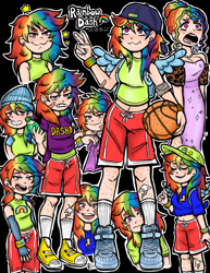 Size: 2975x3850 | Tagged: safe, artist:meowpuffs, rainbow dash, human, g4, alternate hairstyle, backpack, backwards ballcap, bag, bandaid, baseball cap, basketball, black background, cap, clothes, converse, cute, dashabetes, dress, ear piercing, earring, evening gloves, eyeshadow, female, fingerless elbow gloves, fingerless gloves, gloves, grin, gritted teeth, hairy legs, hat, high res, humanized, jewelry, lipstick, long gloves, makeup, megaradash, nail polish, necklace, piercing, shirt, shoes, shorts, simple background, smiling, sneakers, socks, soda, solo, sports, sports shorts, sweater, t-shirt, tank top, tattoo, teeth