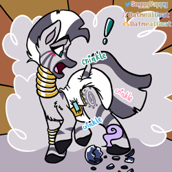 Size: 1800x1800 | Tagged: safe, artist:oatmealfoxy, zecora, zebra, g4, blushing, diaper, diaper fetish, exclamation point, fetish, looking back, non-baby in diaper, open mouth, poofy diaper, potion, solo, surprised