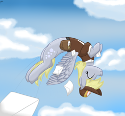 Size: 3250x3000 | Tagged: safe, artist:windy, derpy hooves, pegasus, pony, g4, bag, best pony, cloud, eyes closed, female, high res, mail, mailbag, mailmare, mailpony, mare, spread wings, wings