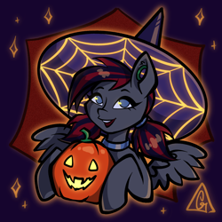 Size: 2048x2048 | Tagged: safe, artist:gigisarts, oc, oc only, oc:darkshy, pegasus, pony, bust, clothes, commission, costume, cute, food, halloween, halloween 2023, halloween costume, hat, high res, holiday, orange, pegasus oc, portrait, pumpkin, red and black mane, solo, witch hat