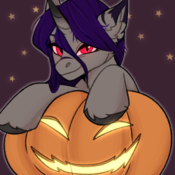 Size: 2048x2048 | Tagged: safe, artist:enderbee, oc, oc:enderbee, pony, unicorn, commission, halloween, happy, high res, holiday, pumpkin, smiling, solo, stars, ych result