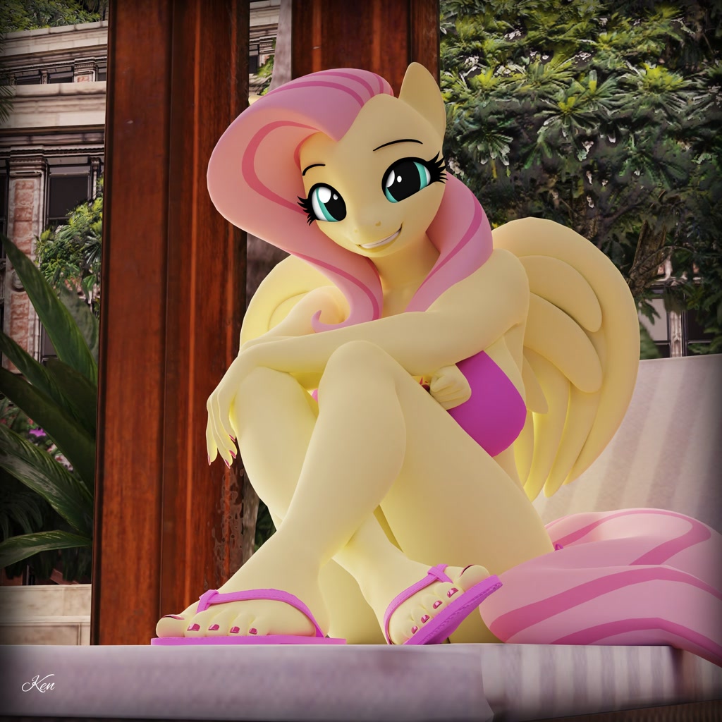 [3d,anthro,beach chair,bikini,blender,breasts,chair,clothes,cute,feet,female,fluttershy,grin,house,legs,looking at you,nail polish,outdoors,pegasus,safe,sandals,sexy,sitting,solo,swimsuit,toes,tree,wings,shyabetes,not sfm,adorasexy,toenail polish,smiling,plantigrade anthro,smiling at you,busty fluttershy,artist:kenaga]