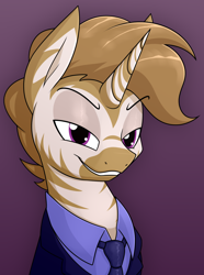 Size: 1266x1705 | Tagged: safe, artist:moonatik, oc, oc only, oc:classy straps, hybrid, pony, unicorn, zony, abstract background, bust, clothes, commission, gradient background, horn, lidded eyes, looking at you, necktie, shirt, smiling, smirk, solo, suit, unicorn oc, zony oc