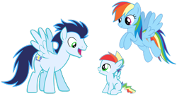 Size: 3500x1909 | Tagged: safe, anonymous artist, rainbow dash, soarin', oc, oc:rainbow blitz, pegasus, pony, g4, colt, female, foal, male, mare, offspring, parent:rainbow dash, parent:soarin', parents:soarindash, ship:soarindash, shipping, simple background, stallion, straight, transparent background