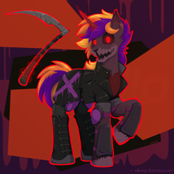 Size: 2000x2000 | Tagged: safe, artist:willoillo, oc, pony, unicorn, fallout equestria, clothes, commission, halloween, high res, holiday, jacket, leather, leather jacket, scythe, solo, spooky