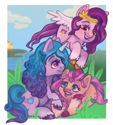 Size: 1128x1244 | Tagged: safe, artist:erieillustrates, izzy moonbow, pipp petals, sunny starscout, earth pony, pegasus, pony, unicorn, g5, blushing, bracelet, cloud, female, friendship bracelet, grass, jewelry, lying down, mare, open mouth, open smile, outdoors, prone, raised hoof, red eyes, red-eyed pipp, signature, sky, smiling, tail, trio, trio female, unshorn fetlocks, water