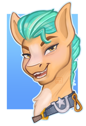 Size: 2503x3634 | Tagged: safe, artist:erieillustrates, hitch trailblazer, earth pony, pony, g5, abstract background, bust, chest fluff, high res, human teeth, lidded eyes, looking at you, male, open mouth, partially transparent background, portrait, solo, stallion, teeth