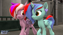 Size: 3840x2160 | Tagged: safe, artist:melodismol, oc, oc:alum gleam, oc:omega beats, alicorn, bat pony, pony, 3d, bridge, city, ear piercing, earring, fangs, folded wings, fusion, high res, jewelry, looking at each other, looking at someone, piercing, source filmmaker, talking, trotting, wings