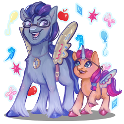 Size: 1250x1250 | Tagged: safe, artist:erieillustrates, argyle starshine, sunny starscout, earth pony, pony, g5, applejack's cutie mark, chest fluff, cutie mark, duo, duo male and female, fake horn, fake wings, father and child, father and daughter, female, filly, filly sunny starscout, fluttershy's cutie mark, foal, glasses, hoof fluff, jewelry, looking down, looking up, male, necklace, open mouth, open smile, pinkie pie's cutie mark, rainbow dash's cutie mark, raised hoof, rarity's cutie mark, simple background, smiling, stallion, tail, transparent background, twilight sparkle's cutie mark, unshorn fetlocks, younger