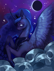 Size: 648x864 | Tagged: safe, artist:doukz, princess luna, alicorn, pony, g4, blank eyes, blue mane, cloud, crown, curved horn, digital art, ethereal mane, feather, female, hoof shoes, horn, jewelry, mare, moon, moonlight, night, peytral, regalia, sky, solo, spread wings, starry mane, stars, wings