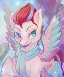 Size: 1500x1800 | Tagged: safe, artist:erieillustrates, zipp storm, pegasus, pony, g5, clothes, female, ice, mare, open mouth, raised hoof, scarf, signature, snow, solo, spread wings, tail, unshorn fetlocks, wings