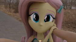 Size: 1333x751 | Tagged: safe, artist:efk-san, fluttershy, human, equestria girls, g4, 2018, 3d, 3d model, cute, old video, real life background, sad, shyabetes