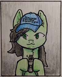 Size: 1799x2235 | Tagged: safe, artist:vandercat, oc, oc:filly anon, pony, :3, cap, drawthread, ear fluff, female, filly, gun, handgun, hat, looking at you, mare, pistol, simple background, solo, traditional art, weapon