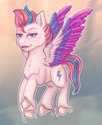 Size: 3500x4299 | Tagged: safe, artist:erieillustrates, zipp storm, pegasus, pony, g5, 2021, female, looking at you, mare, open mouth, raised hoof, signature, solo, spread wings, tail, unshorn fetlocks, wings