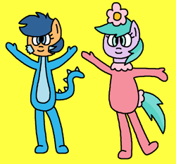 Size: 1059x981 | Tagged: safe, artist:gillianthecreator36, aura (g4), first base, earth pony, pegasus, anthro, plantigrade anthro, g4, adorabase, animal costume, arms in the air, aurabetes, best friends, cat costume, cat dragon costume, clothes, costume, cute, dragon costume, dryad costume, duo, duo female, female, filly, flower, flower bubble, flower bubble costume, flower in hair, foal, foofa, logo, nick jr., simple background, smiling, toodee, yellow background, yo gabba gabba!