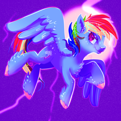 Size: 2224x2224 | Tagged: safe, artist:erieillustrates, rainbow dash, pegasus, pony, g4, female, flying, high res, lightning, mare, signature, solo, spread wings, tail, unshorn fetlocks, wings