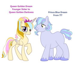 Size: 980x815 | Tagged: safe, artist:frostcorpsclub, artist:masami-rose-sav, prince blue dream (g4), princess golden dream (g4), alicorn, earth pony, pony, g4, base used, colored wings, concave belly, crown, duo, duo male and female, female, gradient wings, headcanon, jewelry, male, mare, missing cutie mark, regalia, simple background, slender, stallion, thin, unshorn fetlocks, white background, wings