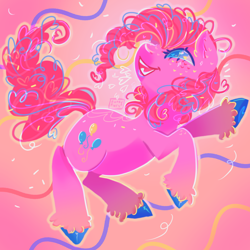 Size: 2224x2224 | Tagged: safe, artist:erieillustrates, pinkie pie, earth pony, pony, g4, confetti, heart, high res, open mouth, open smile, pink background, signature, simple background, smiling, solo, tail, unshorn fetlocks