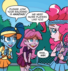 Size: 526x554 | Tagged: safe, idw, official comic, pinkie pie, equestria girls, g4, spoiler:comic, spoiler:comicannual2013, background human, clothes, female, skirt, tennis racket, unnamed character, unnamed human