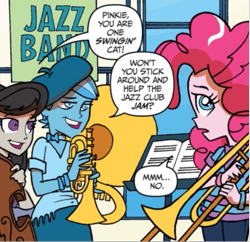 Size: 573x554 | Tagged: safe, idw, official comic, octavia melody, pinkie pie, equestria girls, g4, spoiler:comic, spoiler:comicannual2013, background human, clothes, female, trombone, unnamed character, unnamed human