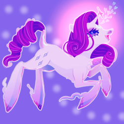 Size: 2224x2224 | Tagged: safe, artist:erieillustrates, rarity, pony, unicorn, g4, floating heart, heart, high res, hoof fluff, horn, open mouth, open smile, signature, smiling, solo, tail, unshorn fetlocks