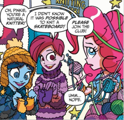 Size: 573x554 | Tagged: safe, idw, official comic, pinkie pie, equestria girls, g4, spoiler:comic, spoiler:comicannual2013, background human, cap, clothes, female, hat, knitting, knitting needles, sweater, unnamed character, unnamed human, yarn, yarn ball