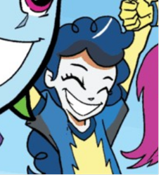 Size: 264x292 | Tagged: safe, idw, official comic, high winds, human, equestria girls, g4, spoiler:comic, spoiler:comicannual2013, background human, eyes closed, female, hands in the air, smiling
