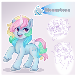 Size: 1650x1650 | Tagged: safe, artist:erieillustrates, moonstone, pony, unicorn, g1, g5, 2021, bow, g1 to g5, generation leap, glasses, looking sideways, one eye closed, open mouth, open smile, raised hoof, redesign, smiling, solo, tail, tail bow, unshorn fetlocks