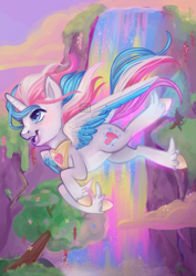 Size: 595x842 | Tagged: safe, artist:erieillustrates, star catcher, alicorn, pony, g3, g5, 2021, alicornified, catchercorn, cloud, female, flying, g3 to g5, generation leap, horn, mare, open mouth, open smile, outdoors, peytral, race swap, redesign, signature, smiling, solo, spread wings, tail, tree, unshorn fetlocks, water, waterfall, windswept mane, wings